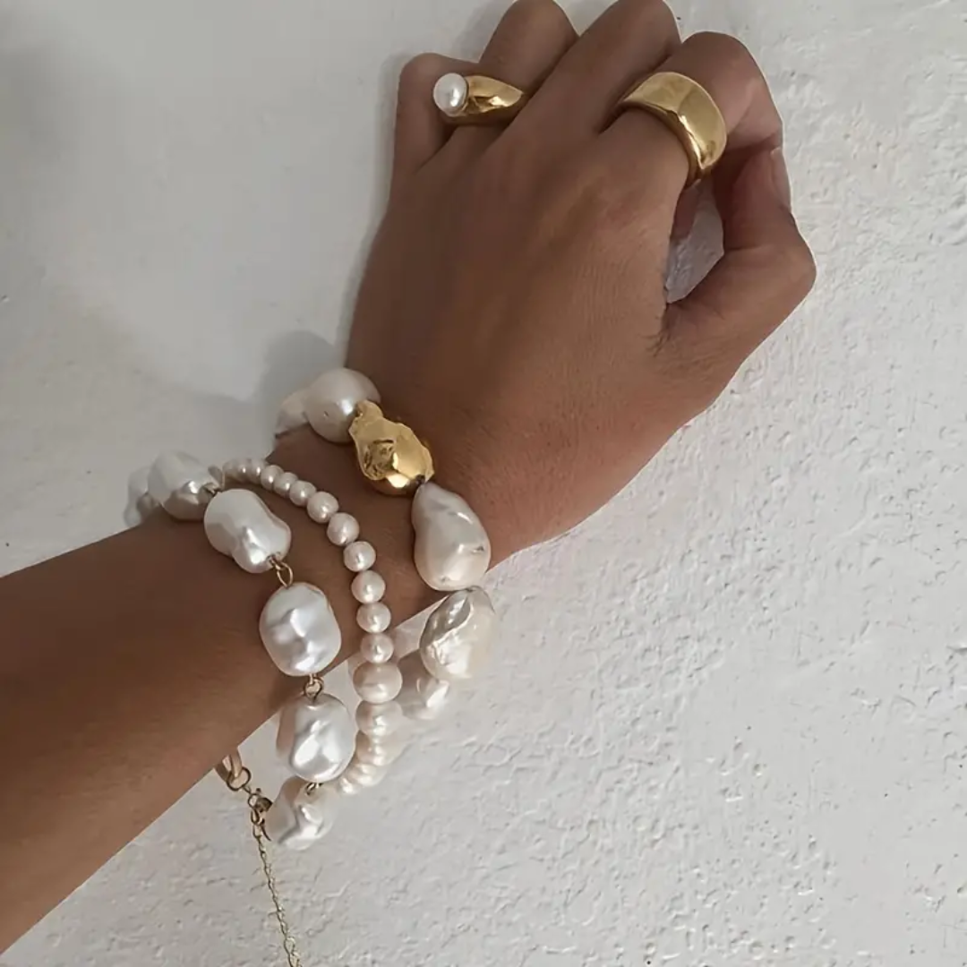 3pcs/set Statement Style Vintage Irregular Faux Pearl Beaded Bracelet Set