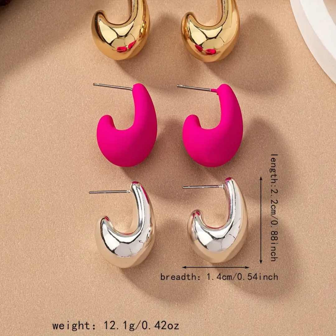 3 Pairs Vintage Comma Teardrop Hoop Earrings Set