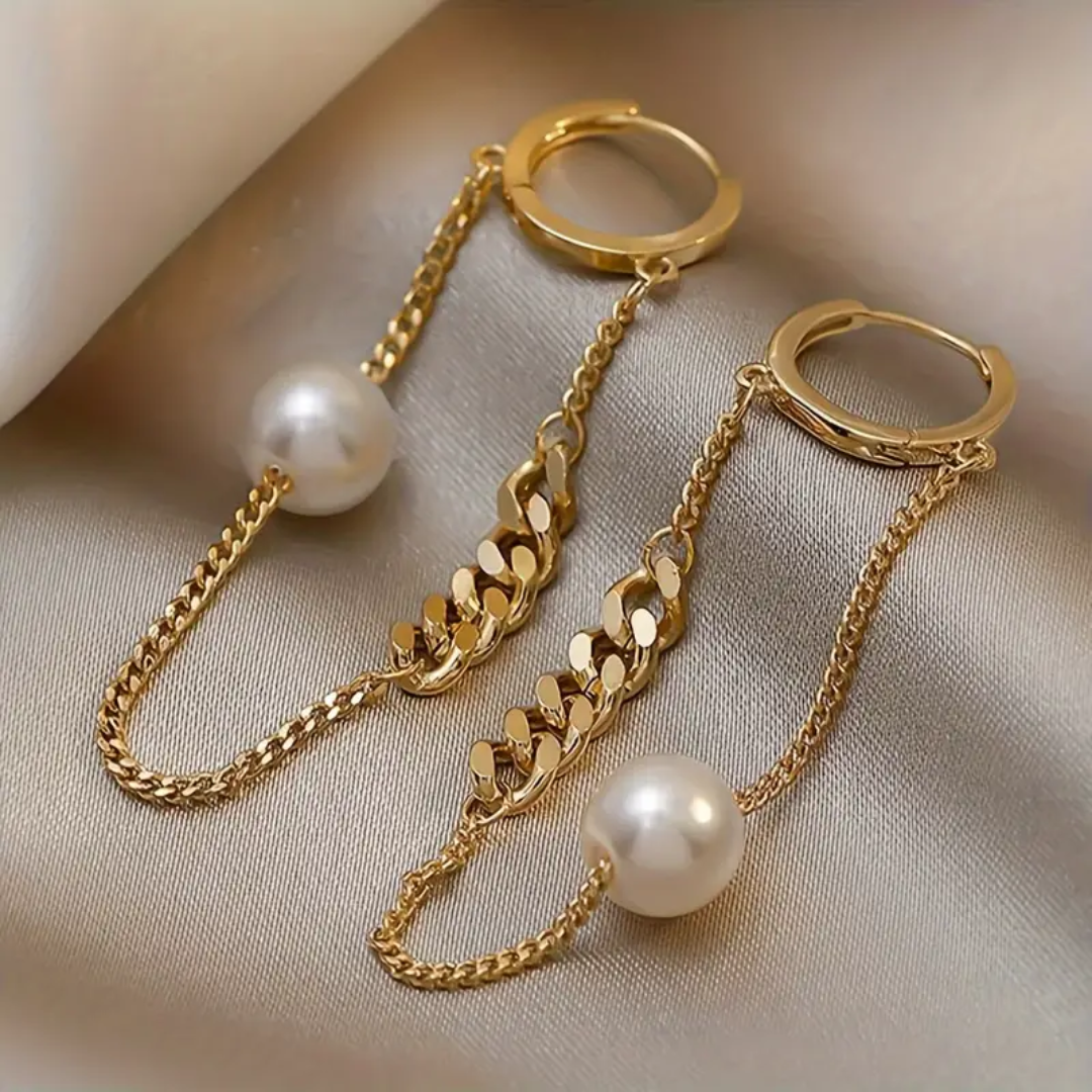 Faux Pearl Chain Design Dangle Earrings Elegant Simple Style Copper Jewelry Daily Wear Accessories