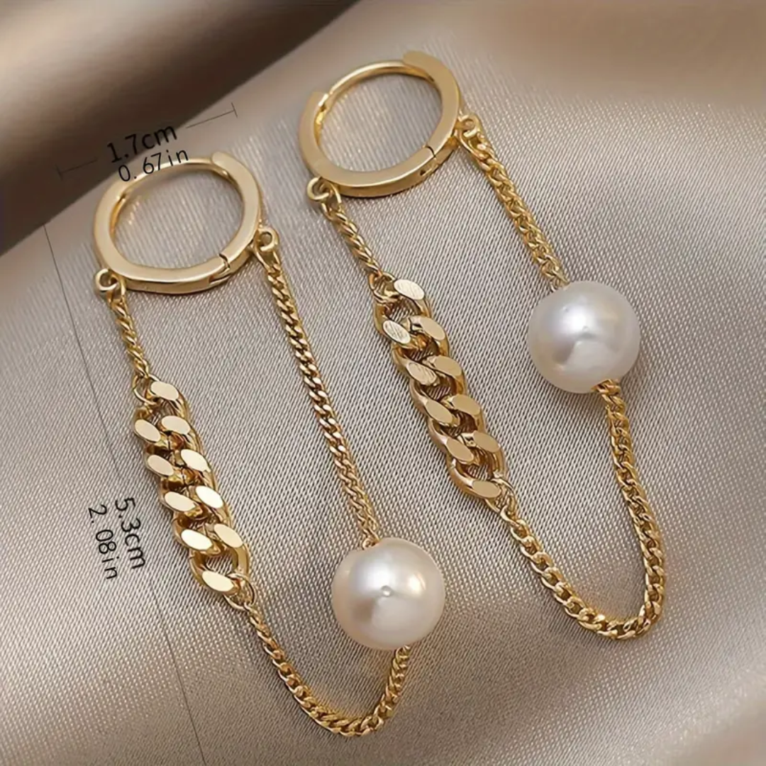 Faux Pearl Chain Design Dangle Earrings Elegant Simple Style Copper Jewelry Daily Wear Accessories