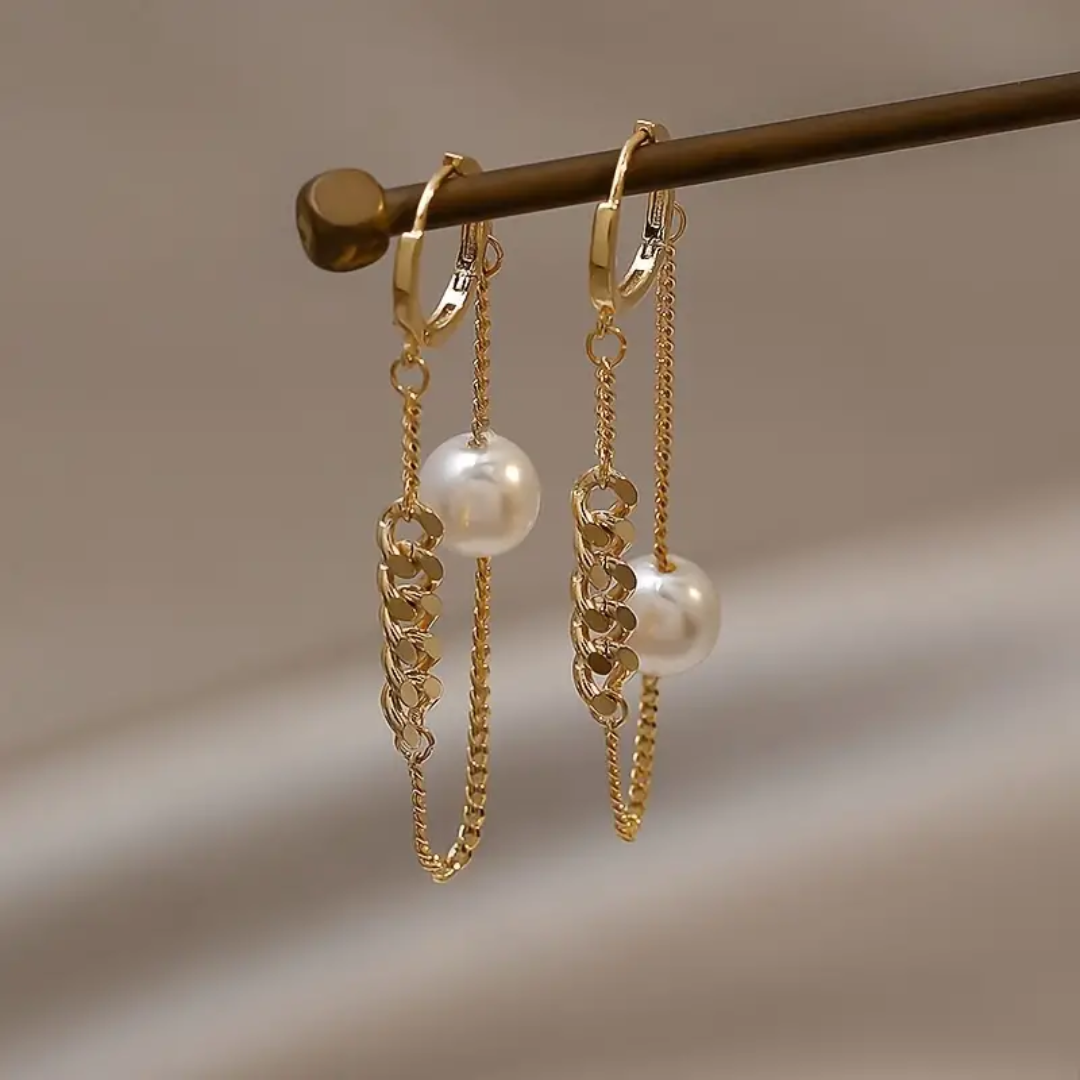 Faux Pearl Chain Design Dangle Earrings Elegant Simple Style Copper Jewelry Daily Wear Accessories