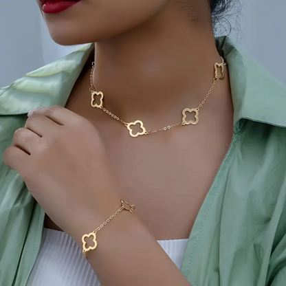 Golden Necklace And Bracelet With Clover Charms