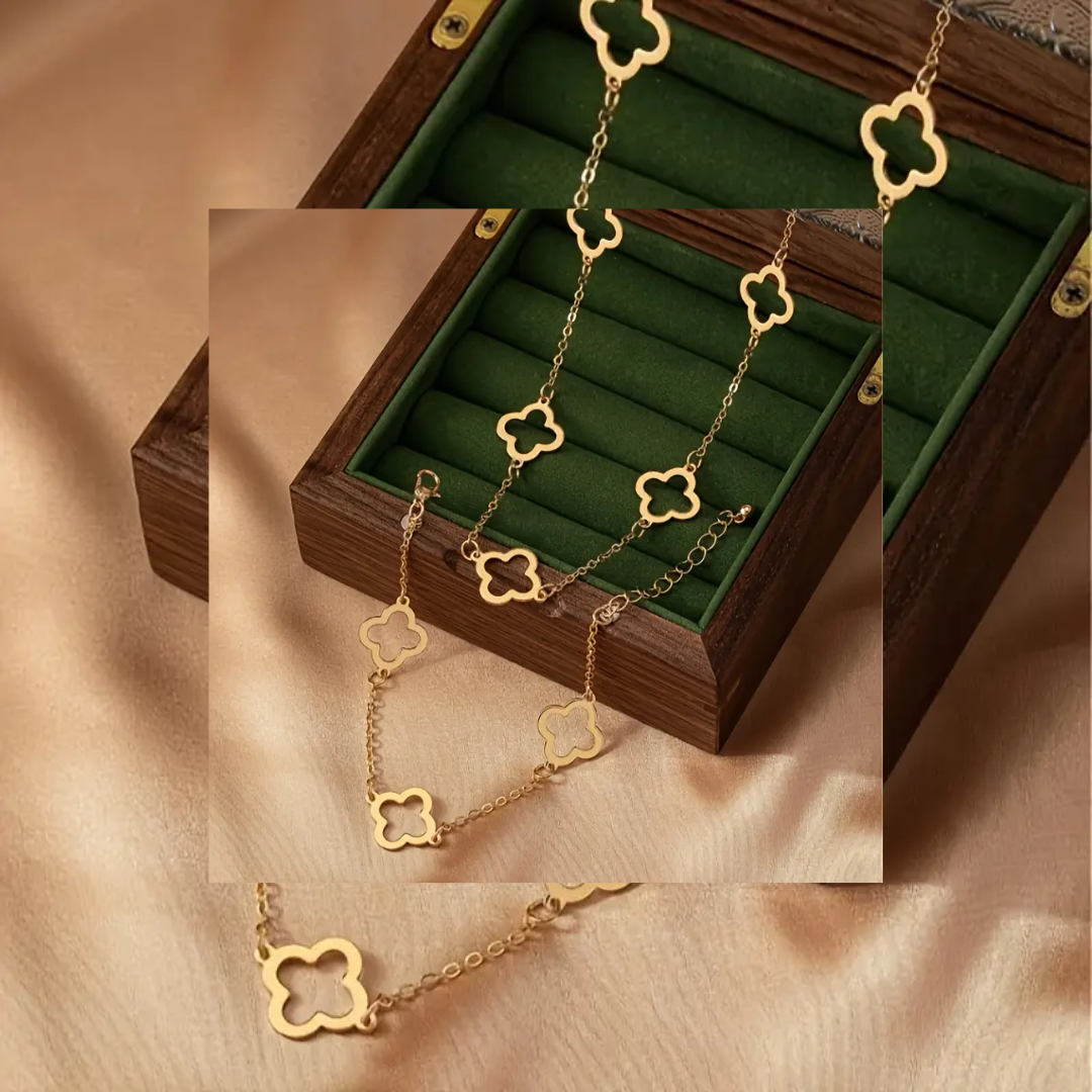 Golden Necklace And Bracelet With Clover Charms