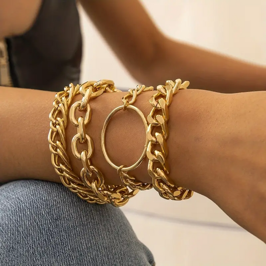 4pcs Bold Punk Style Exaggerated Geometric Circle Chain Bracelet - 18K Gold Plated