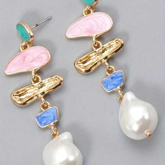 Geometric Enamel Long Drop Earrings With Irregular Faux Pearl Jewelry Gift