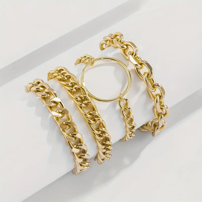 4pcs Bold Punk Style Exaggerated Geometric Circle Chain Bracelet - 18K Gold Plated