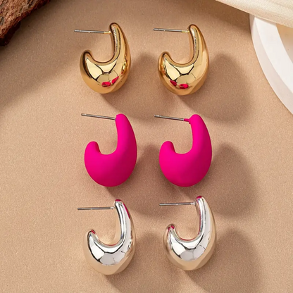 3 Pairs Vintage Comma Teardrop Hoop Earrings Set