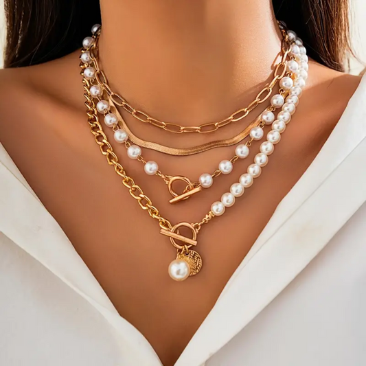 4 pieces Golden Chain Faux Pearl Pendant Necklace