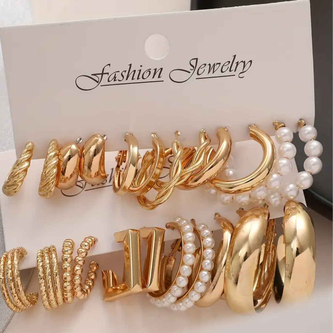 12-Pair Golden Geometric Earring Set