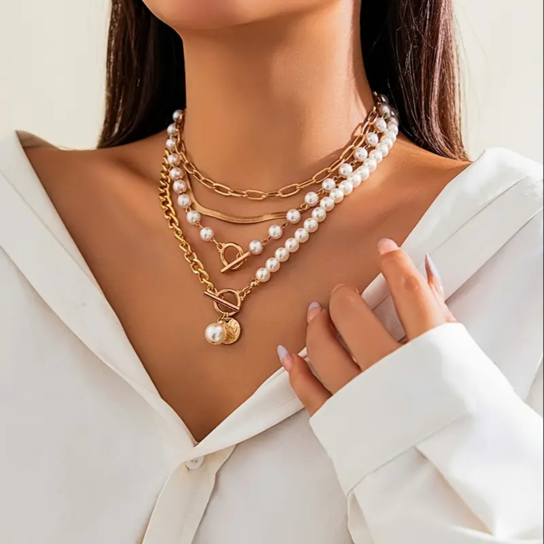 4 pieces Golden Chain Faux Pearl Pendant Necklace