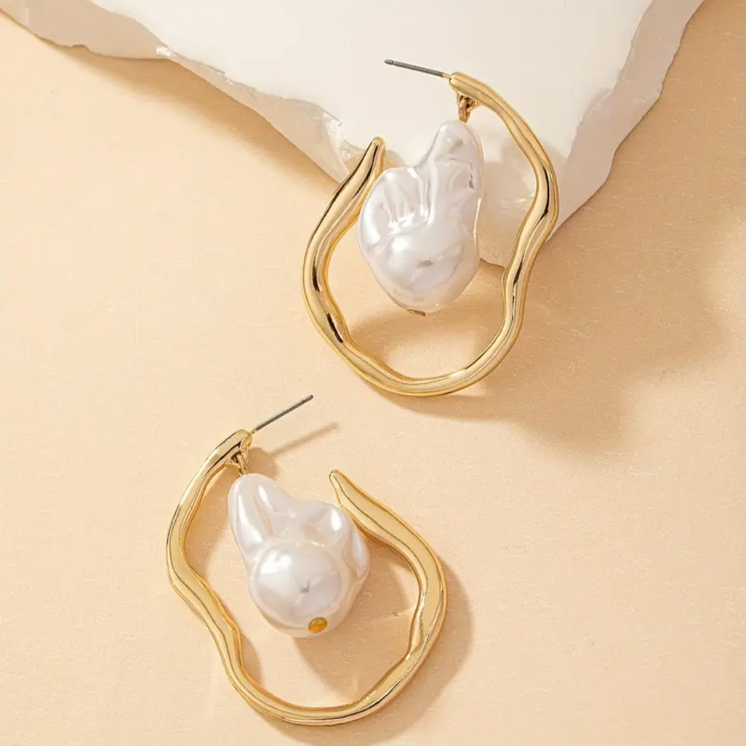 14K Gold Plated Hoop Earrings with Unique Faux Pear