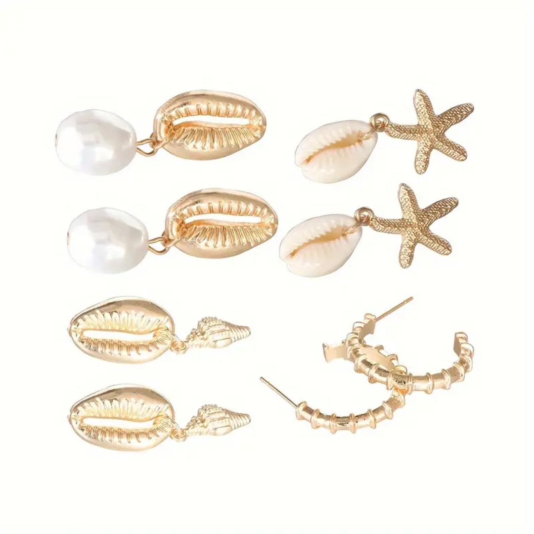 4 Pairs of Shell-Shaped Starfish Pearl Stud Earrings