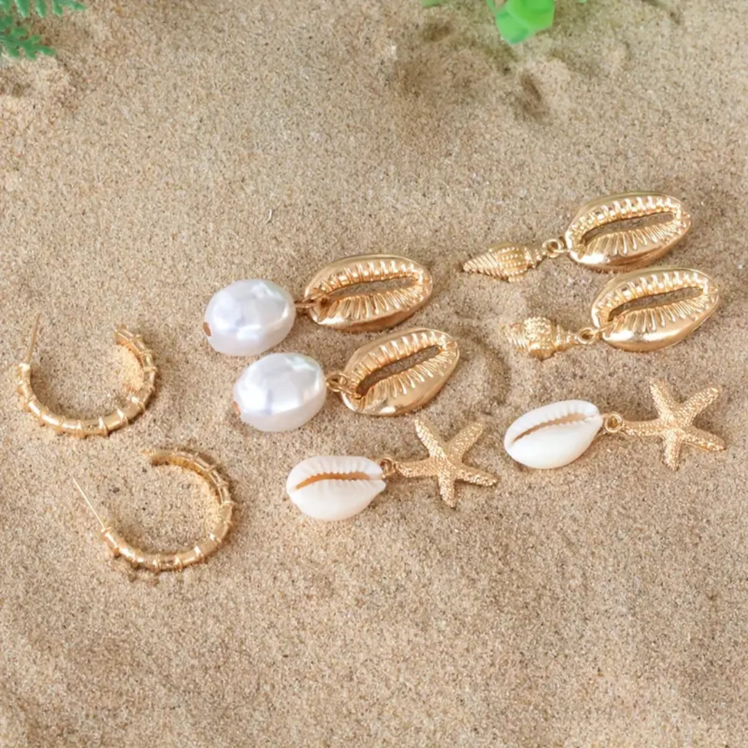 4 Pairs of Shell-Shaped Starfish Pearl Stud Earrings