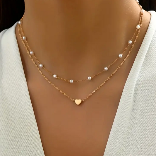 Pearl Double Layer Chain Love Pendant Necklace