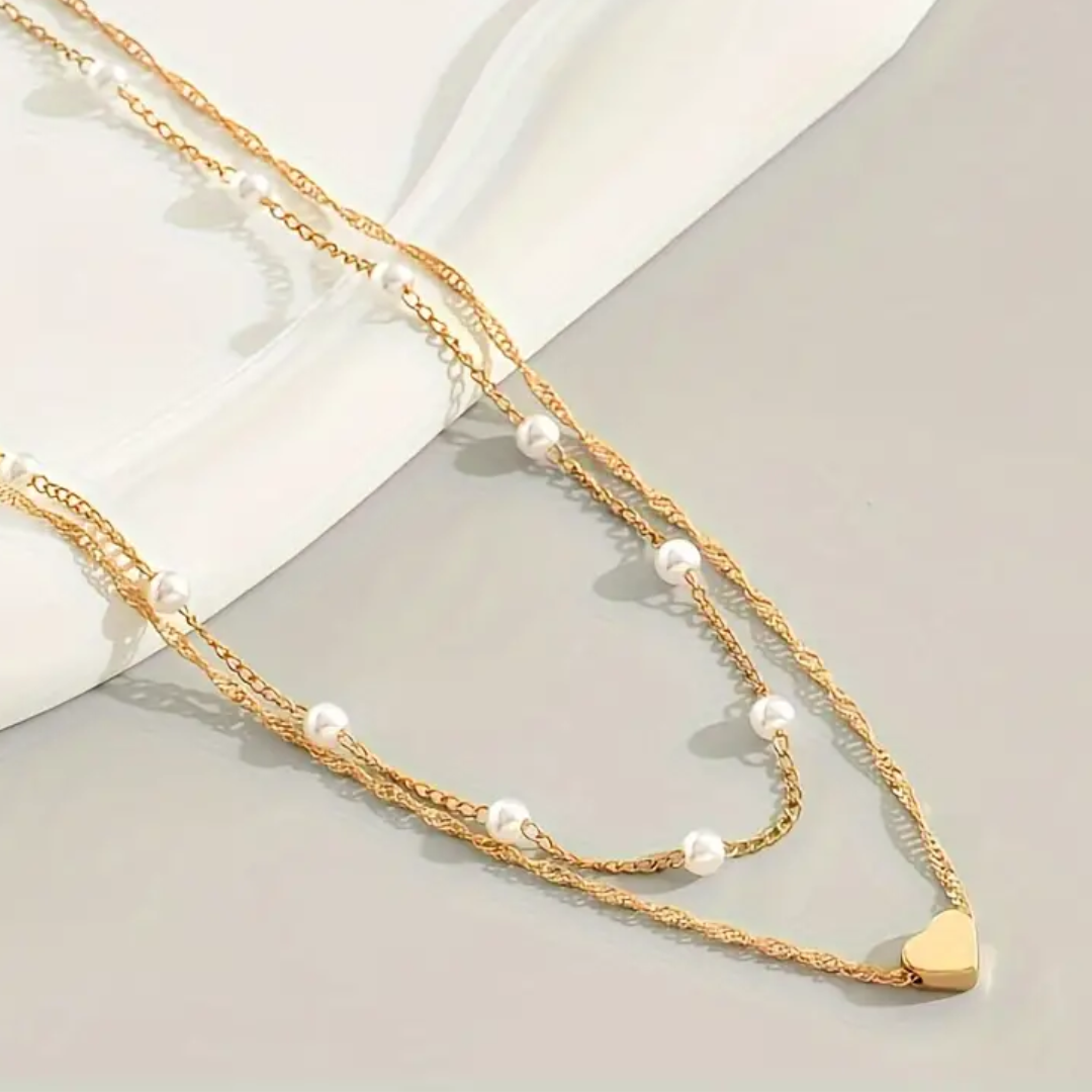 Pearl Double Layer Chain Love Pendant Necklace