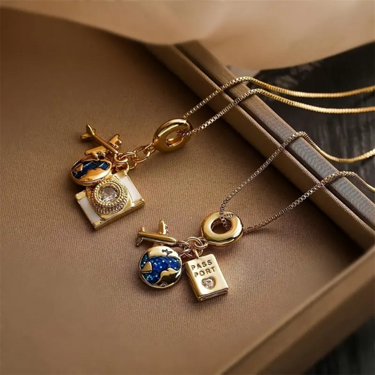 Travel-Themed Charm Necklace - 14K Gold Plated