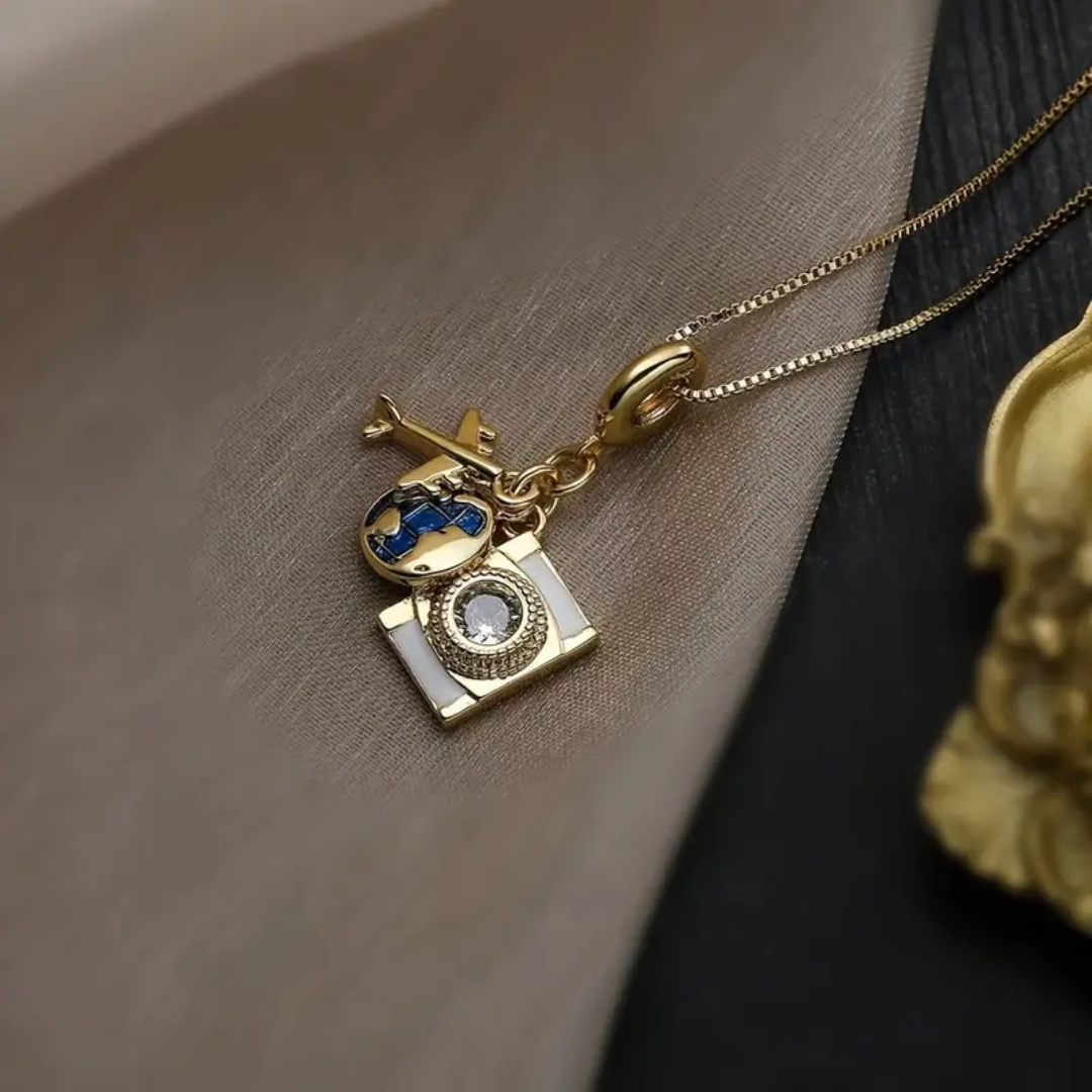 Travel-Themed Charm Necklace - 14K Gold Plated