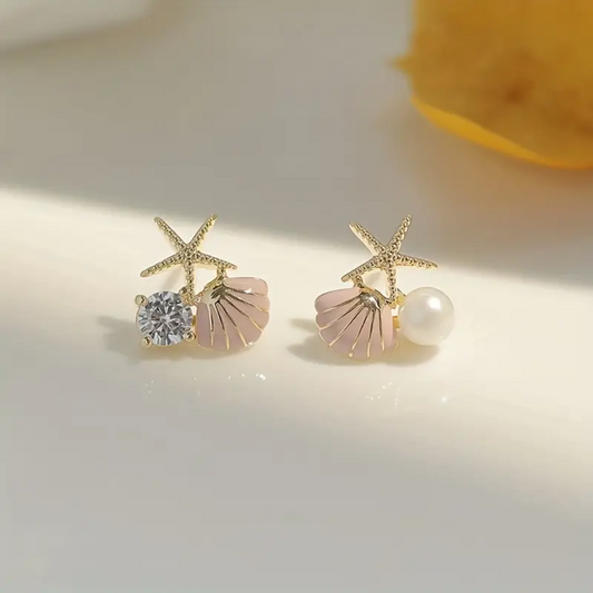 Elegant Alloy Starfish & Shell Stud Earrings with Imitation Pearl