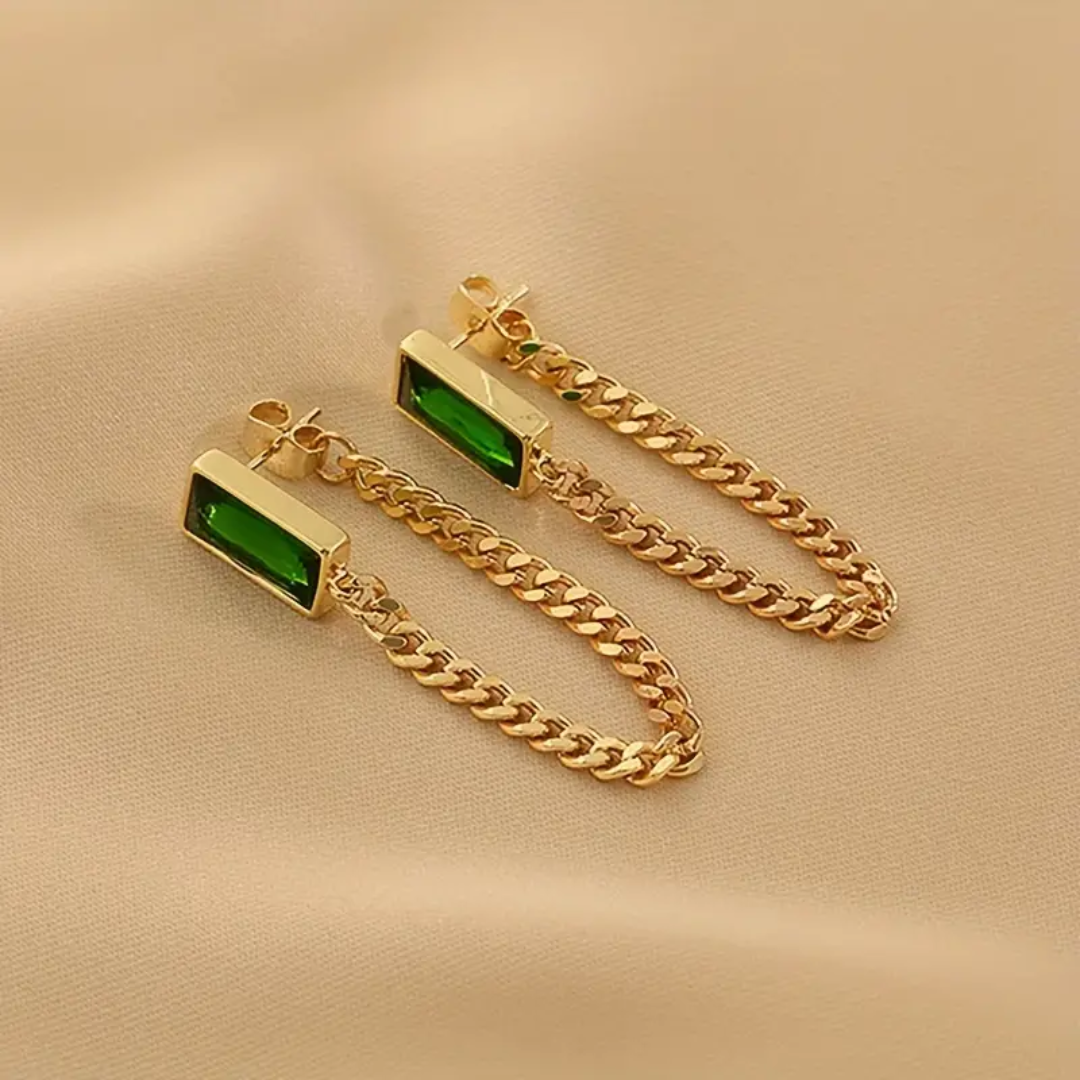 Chain Design Stud Earrings With Green Gems